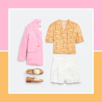 a pink blazer, pink shorts and pink shoes